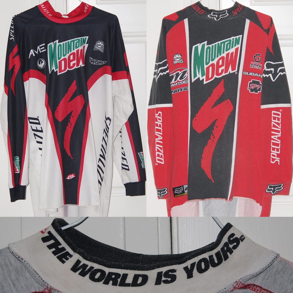 Specialized jerseys.  Left is a BMX jersey I think from 99.  The one on the right has the "The World Is Yours" logo inside the collar and is from 97 or 98.