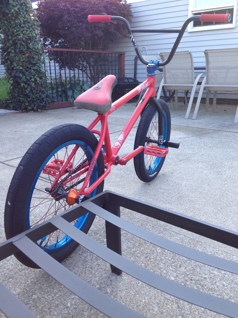 New demolition v3 pegs new shadow local 9" bars new red odi super softs new shadow stacked perma blue headset and bottom bracket new demolition momentum 2.35s