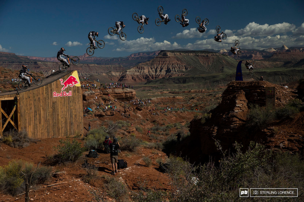 Tom VanSteenbergen s attempt at a front flip over the canyon gap at RedBull Rampage 2014.