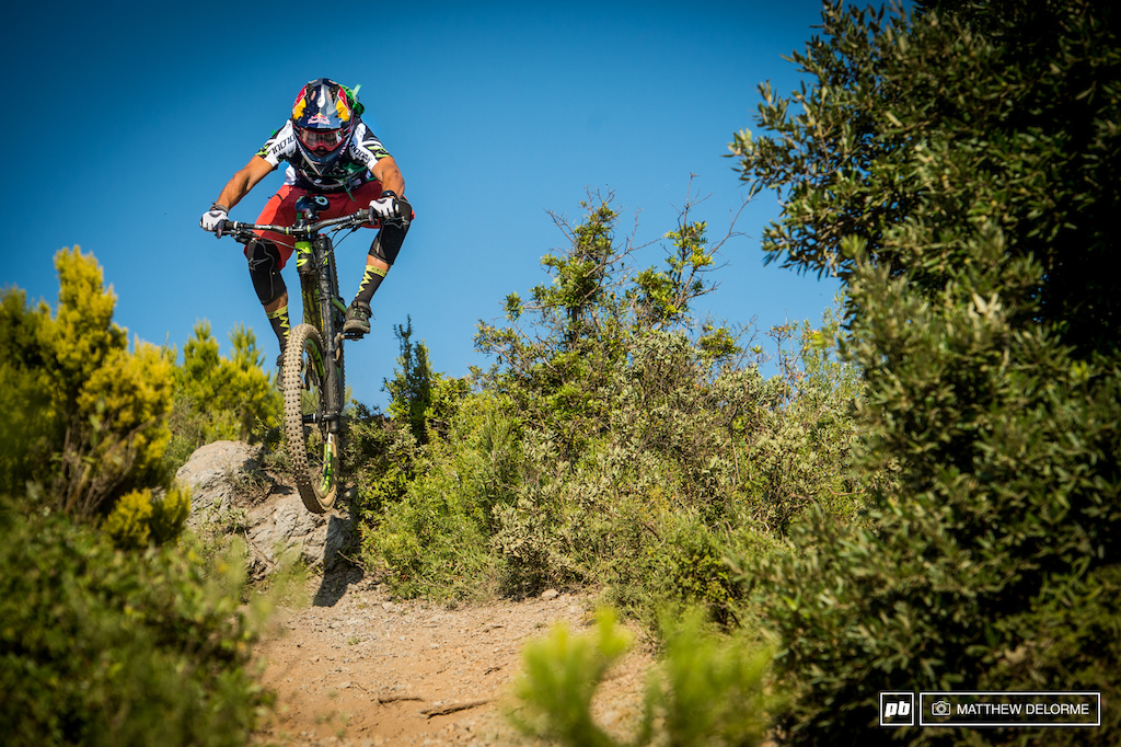 Local favorite, Marco Fontana, ditched the XC helmet and is charging hard in Finale.