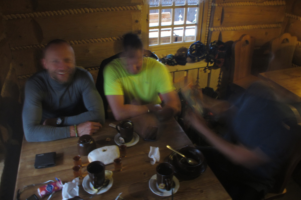 2nd Cyklogodzilla MTB trip with my mates. Day 2. Wet and bit cold we stopped at this awesome regional restaurant to have proper, fatty men's meal, followed by some shots of home made, honey vodka.