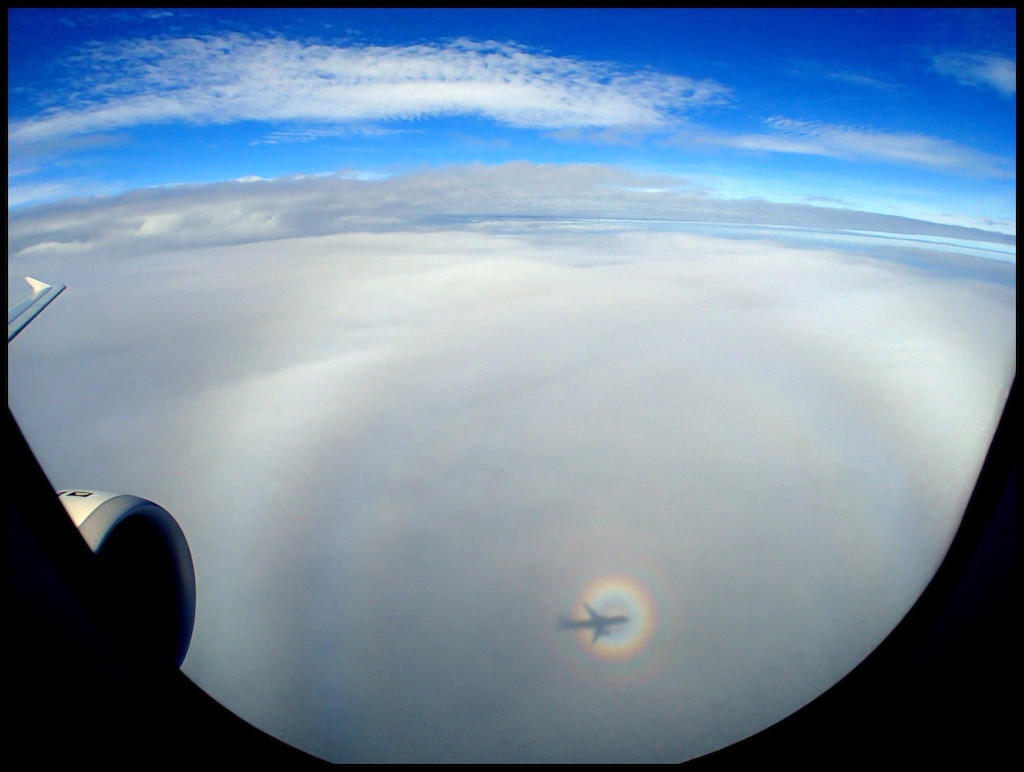 A view of our plane floating in the clouds with a rainbow halo...