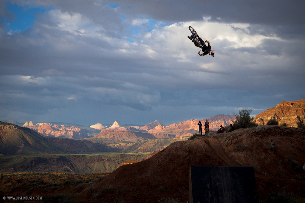Andreu getting comfortable on the Polaris RZR jump. Red Bull Rampage 2014