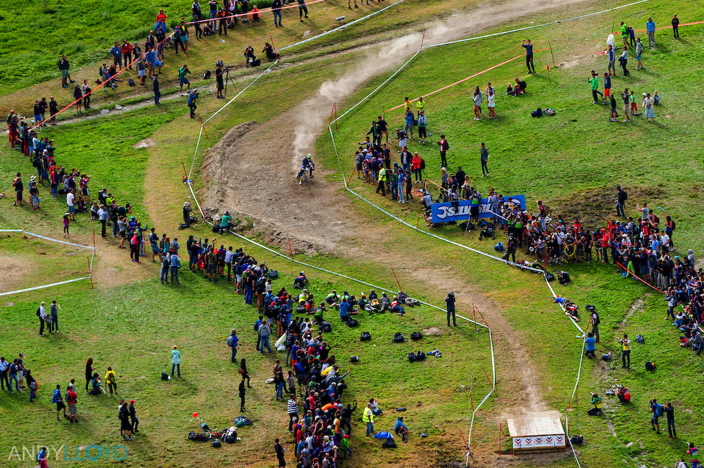 23.08.14. Sam Hill takes the inside into the finish area to take the win at the UCI Mountain Bike World Cup, Meribel. 
PIC © Andy Lloyd www.andylloyd.photography