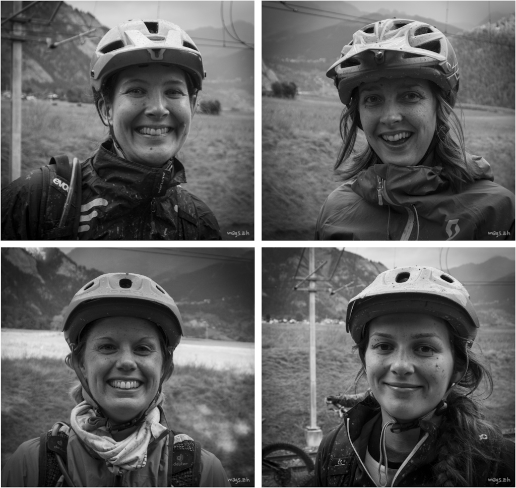 The muddy faces of happy mountain bikers
