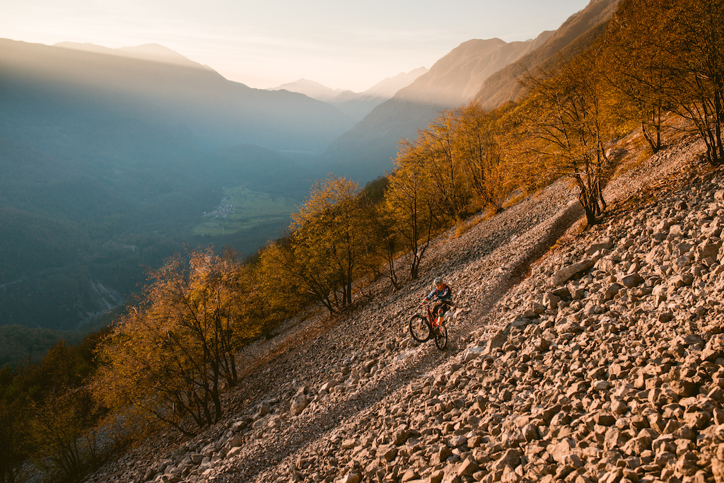 Kevin Berginc hitting his home trails on autumn sunset.