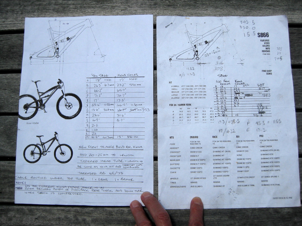 Plans for my custom Kona Coiler with new frame front triangle.
 I was looking to modify my Coiler to new school geometry (longer and lower) and after comparing lots of brands with 160mm travel I found the Yeti SB66 (one of the best 26" bikes ever made) had similar geometry to my bike, but also had the two features I needed to copy : a longer front end and lower BB. The longer front would give me the room to use an inline seat post instead of a setback and get me more in the middle of the bike while seated. In the standing/descending position the low BB and longer wheelbase would give me more stability and confidence. 
I put my ideas to my steel frame maker friend at Manufactured by Grelck. He took on the project and produced the new front end in 4130 CrMo.
Final figures: TT 23mm longer / BB 15mm lower than the standard Kona Coiler Med 2007. We lowered the BB more than the Yeti. It's in line with the new crop of bikes with a BB at around 340mm such as the Santa Cruz Nomad, GT Sanction, Transition Patrol, Orbea Rallon (low setting) etc.. I love the result - feels perfect.