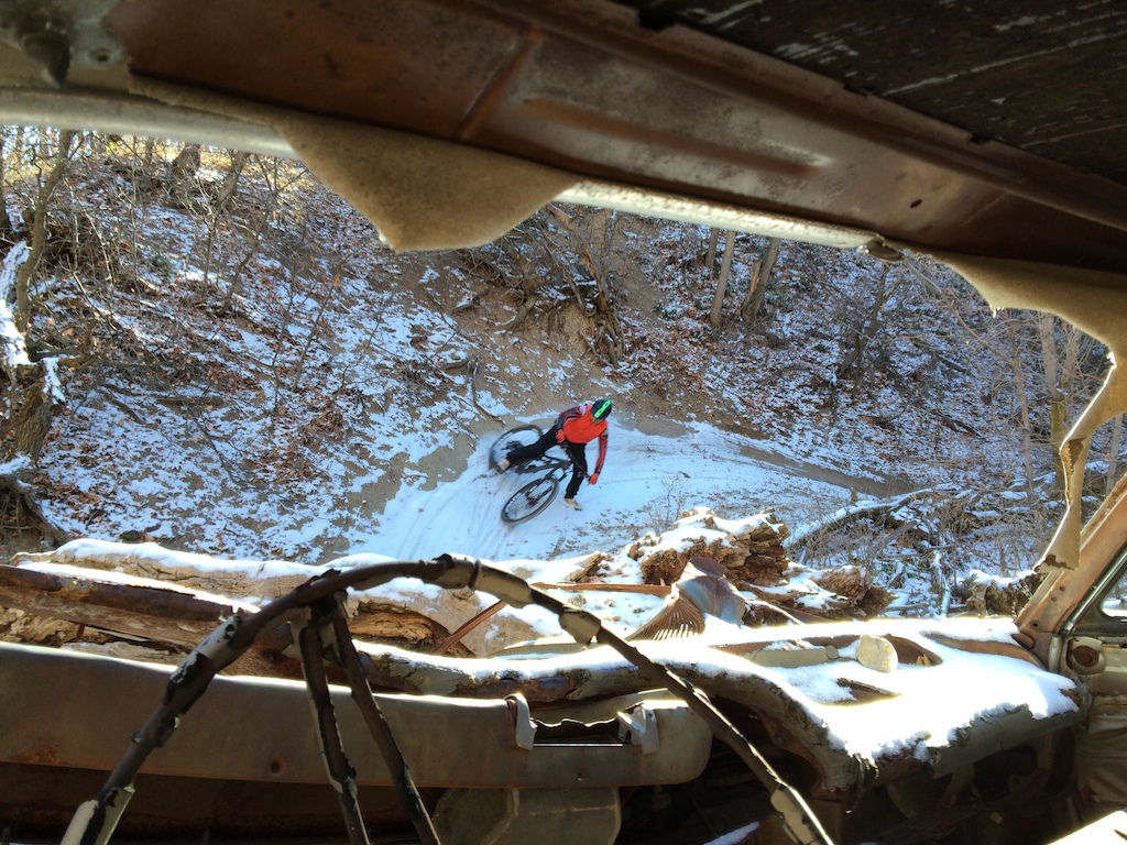 drifting a snowy berm on the Sled, no need for a fat bike