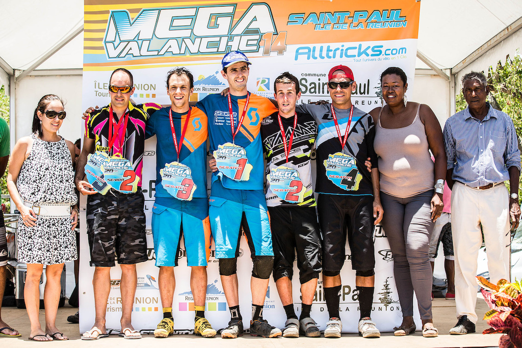 podium for megavalanche 2014 - alexis chenevier [3rd], nico quere [2nd], remy absalon [1st]