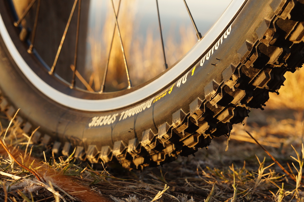 A big ass DH tyre felt neccessary on these super rocky trails :)  It's all loose rocks and these Minions actually have grip on them. Riding my knobby xc tyres felt like ice-skating. Want to get one of these for the rear aswell but I'm afraid it will be just 1-2mm too wide.