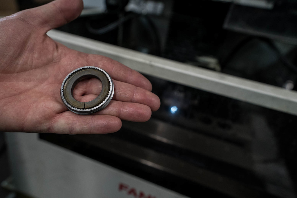 In a process that is unique to Industry Nine the driver rings are hardened before the teeth are cut. This makes the steel strong and insures that the part will maintain its shape but makes cutting the teeth a bit more difficult. That s where EVM wire comes in.