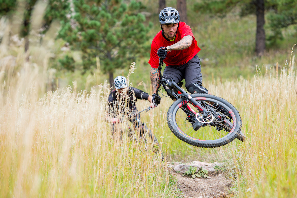 Nate Adams and Stu Travis ride the Niner Bikes WFO 9 on the Spring Creek Trail in Horsetooth Mountain Park