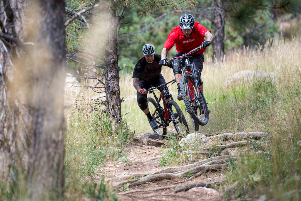 Nate Adams and Stu Travis ride the Niner Bikes WFO 9 on the Spring Creek Trail in Horsetooth Mountain Park