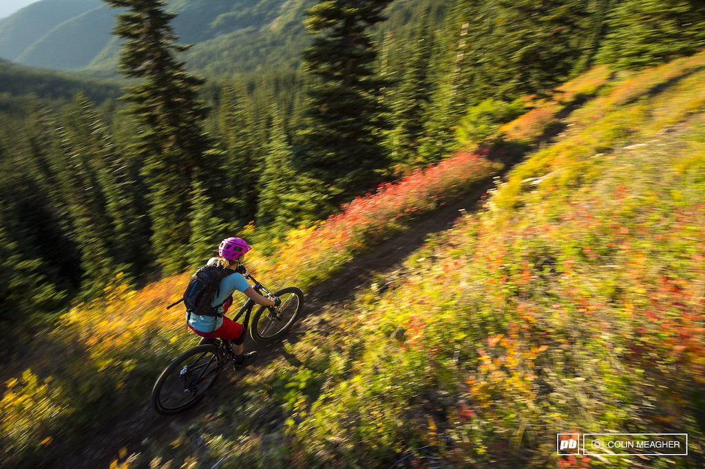 Kim Russell rolling the crest of Dalles Ridge through the changing colors of the season.