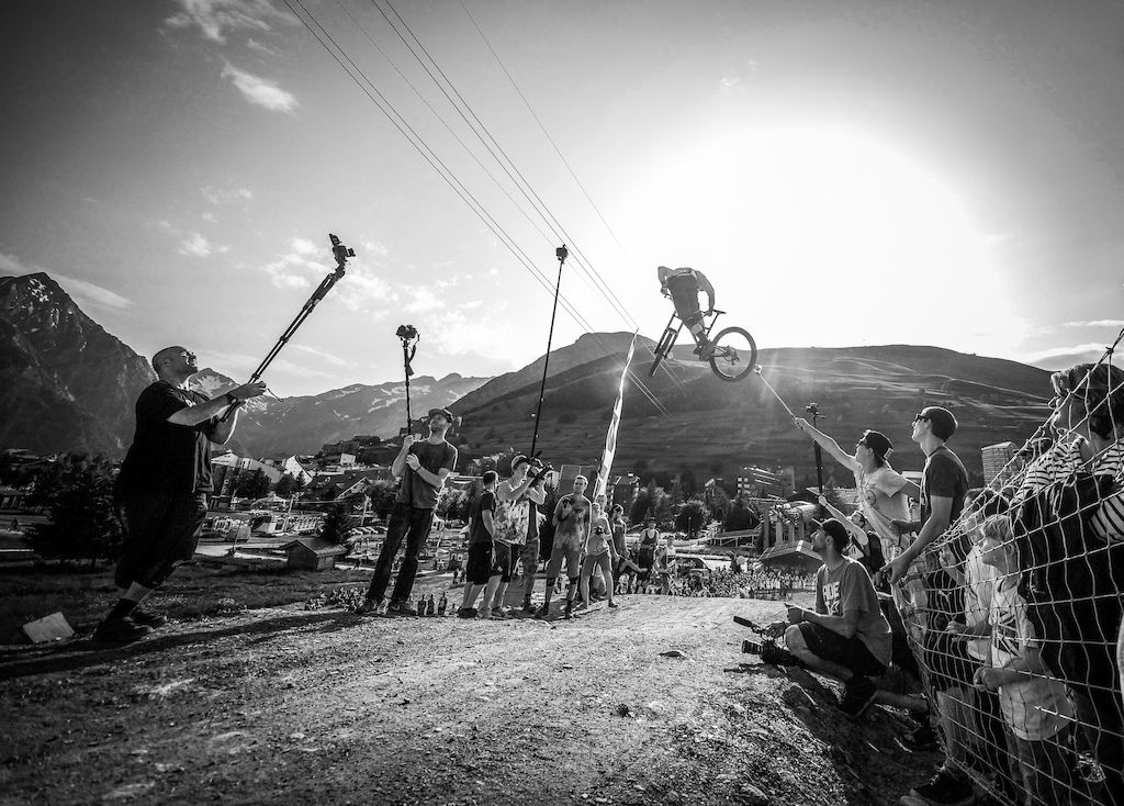 Big whip during the whip contest in the Crankworx 2014 in Les 2 Alpes .