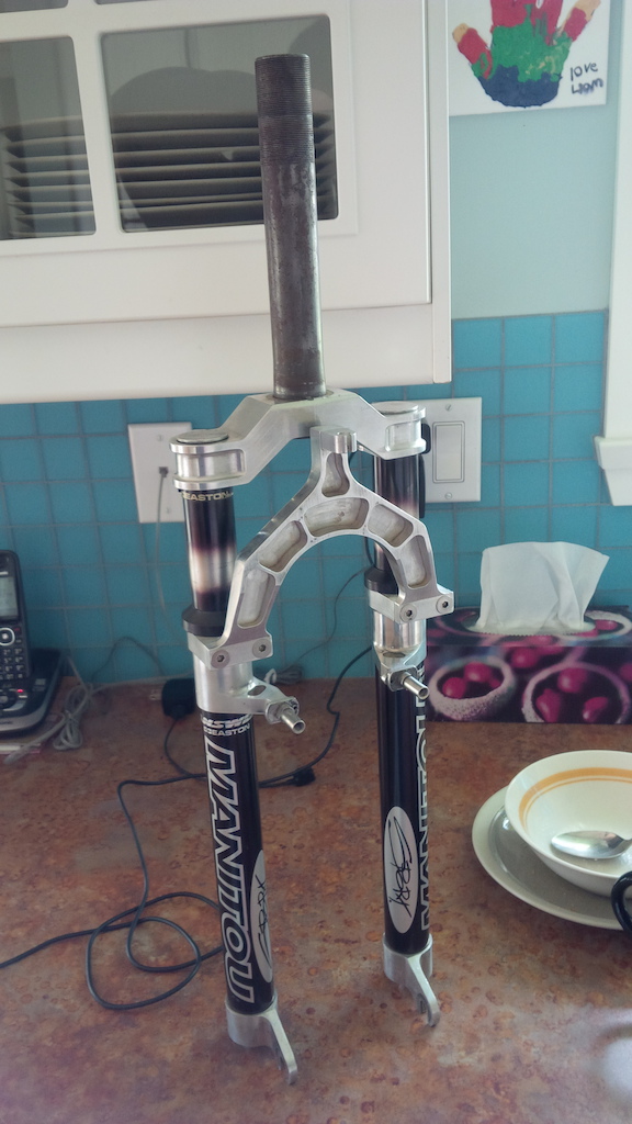 Finally found a decent priced Manitou Sport Fork (1995).  I won this from Ebay (France of all places).  It's in pretty great shape but the elastomers are hard as rocks.

I have to say that it looks like a work of art!  Made in the USA and very beautiful.  I doubt I would use it on my mtb but shortened for a kids bike its more than strong enough.