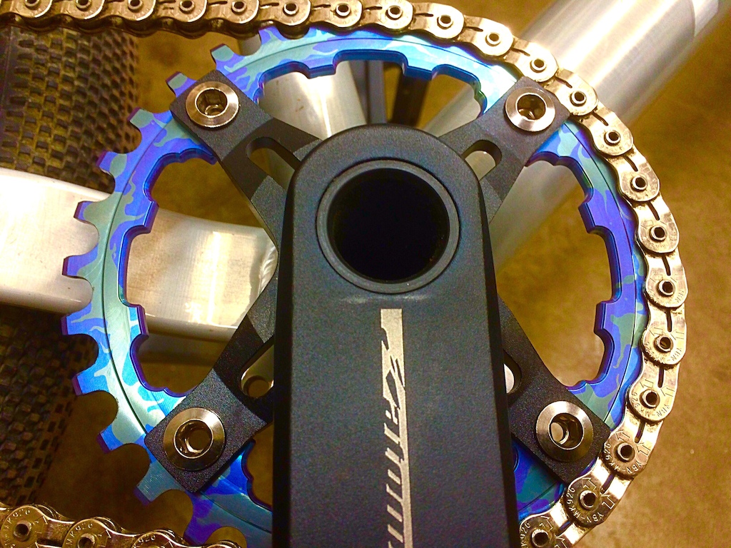 32t titanium chainring. First attempt at "splatter" anodizing.