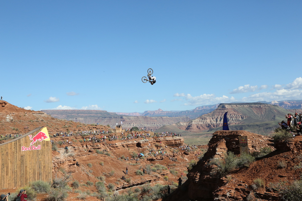 Tom van Steenbergen attempted this front flip over the 73 ft canyon gap during Red Bull Rampage 2014