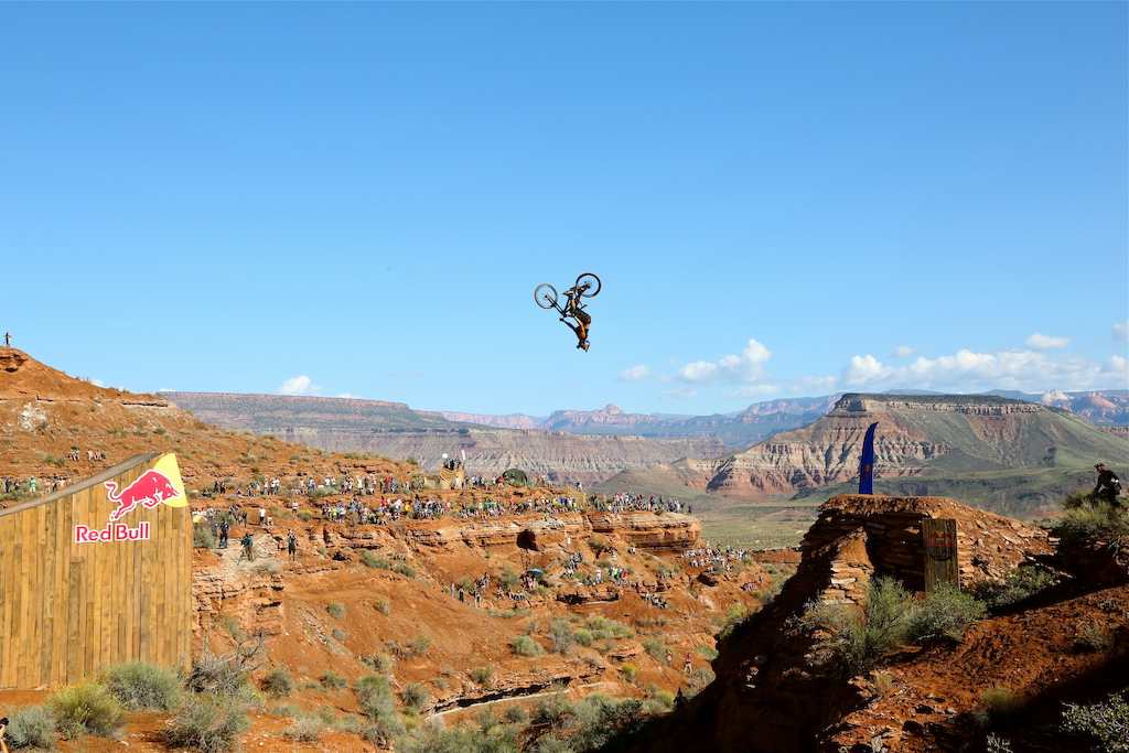 Szymon Godziek attempts to back flip the 73' Red Bull Canyon Gap during Rampage 2014