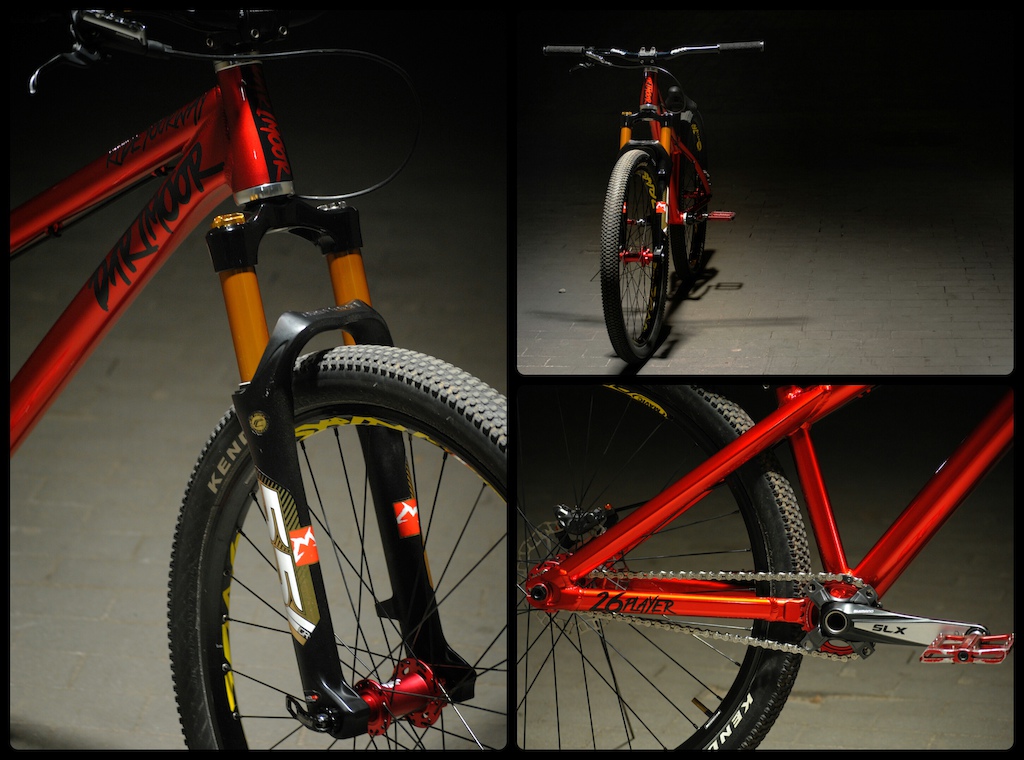 collage of my Dartmoor Two6Player Red Devil's 2015 + Marzocchi 55CR 110mm 2014 &amp; Funn Fatboy Chameleon  15/735mm bar, Truvativ Hussefelt stem, Shimano XT brake, Shimano SLX 665 Cranks with HT AN001S Pedals, Dartmoor Taboo sprocket, OctaneOne Single Pro chain, Mavid DeeTraks Rims with Dartmoor Revolt Pro Hubs 'n Kenda SBe 2.10 tires | pics &amp; collage by me