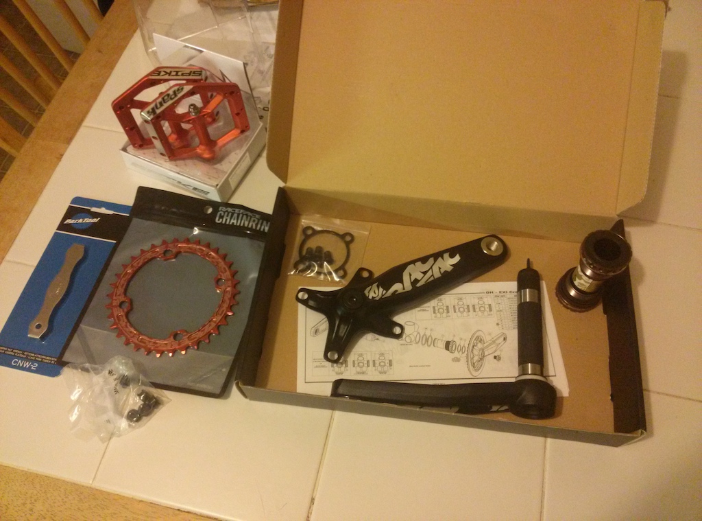 RF NW chainring 
RF chester cranks 
Spank spike pedals
Assorted junk
