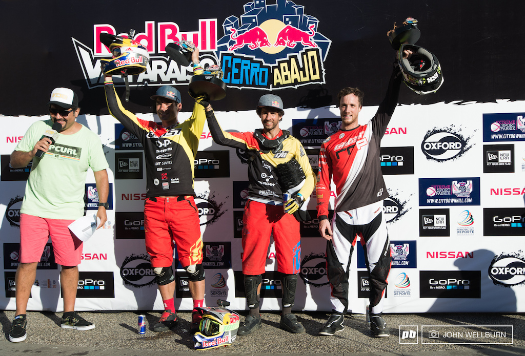 The 2015 Valparaiso Cerro Abajo top three podium . Flip Polc on top once again Tomas Slavik in Second and Johannes Fischbach in third.