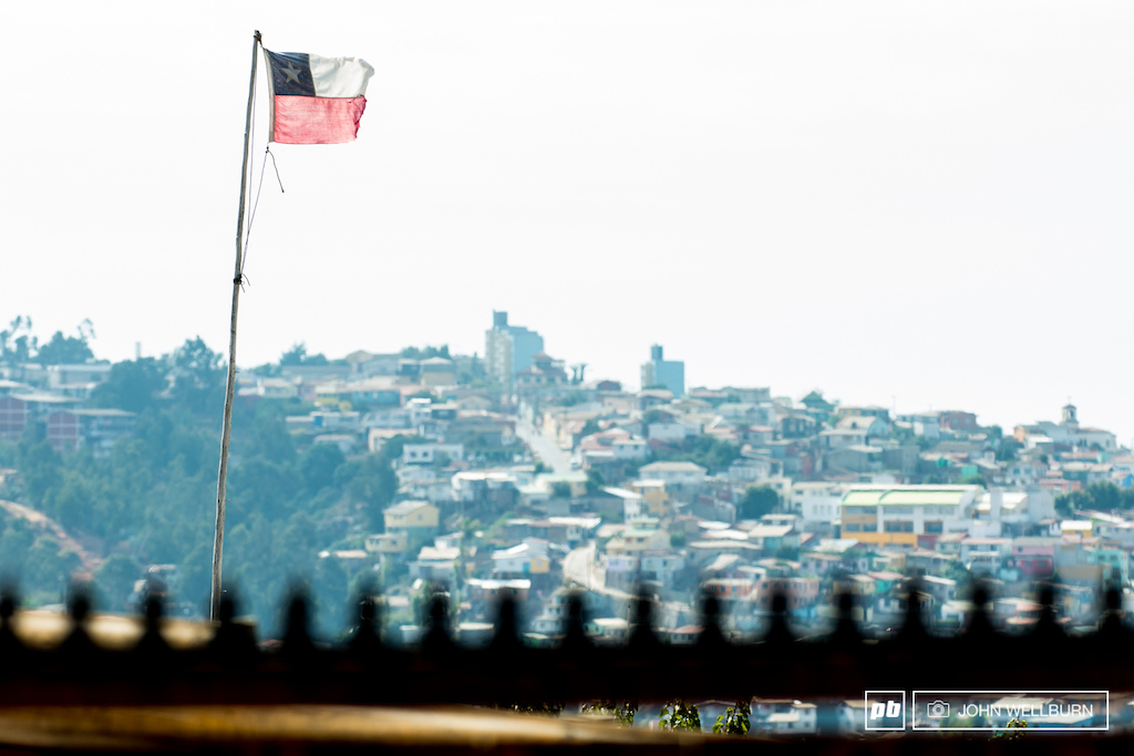 Chilean flag flying proudly in the gnar of the new Cerro Abajo course.