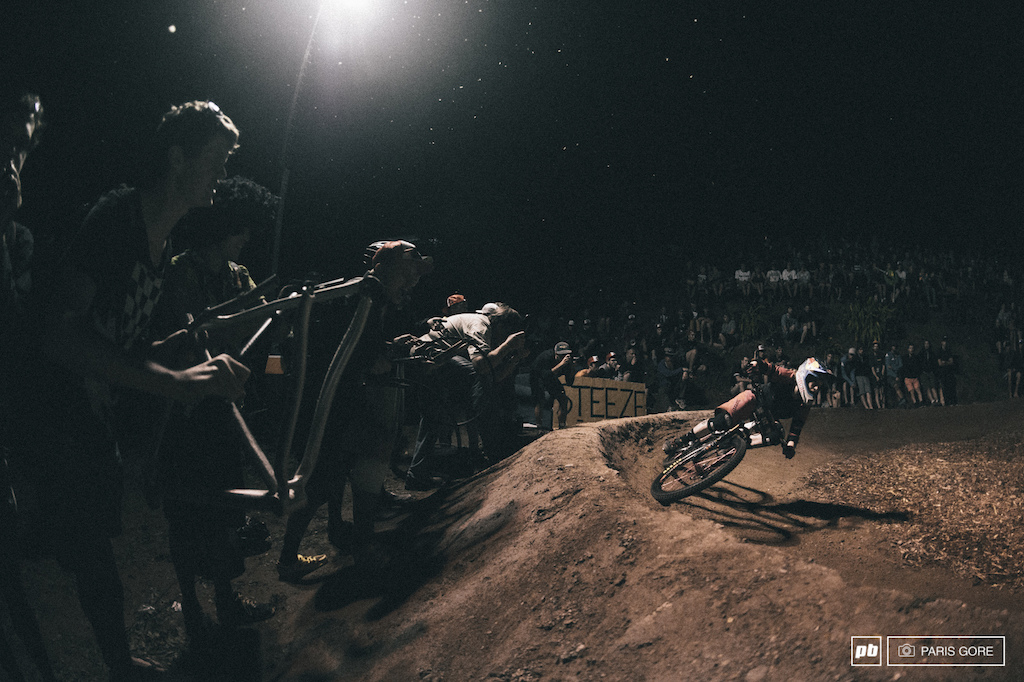 Jill Kintner has won the Crankworx Pumptrack the last few years, but after a massive crash earlier in the week she isn't up to 100%. Second for the night is still high up in the ranks for someone who has a large hematoma in their leg.