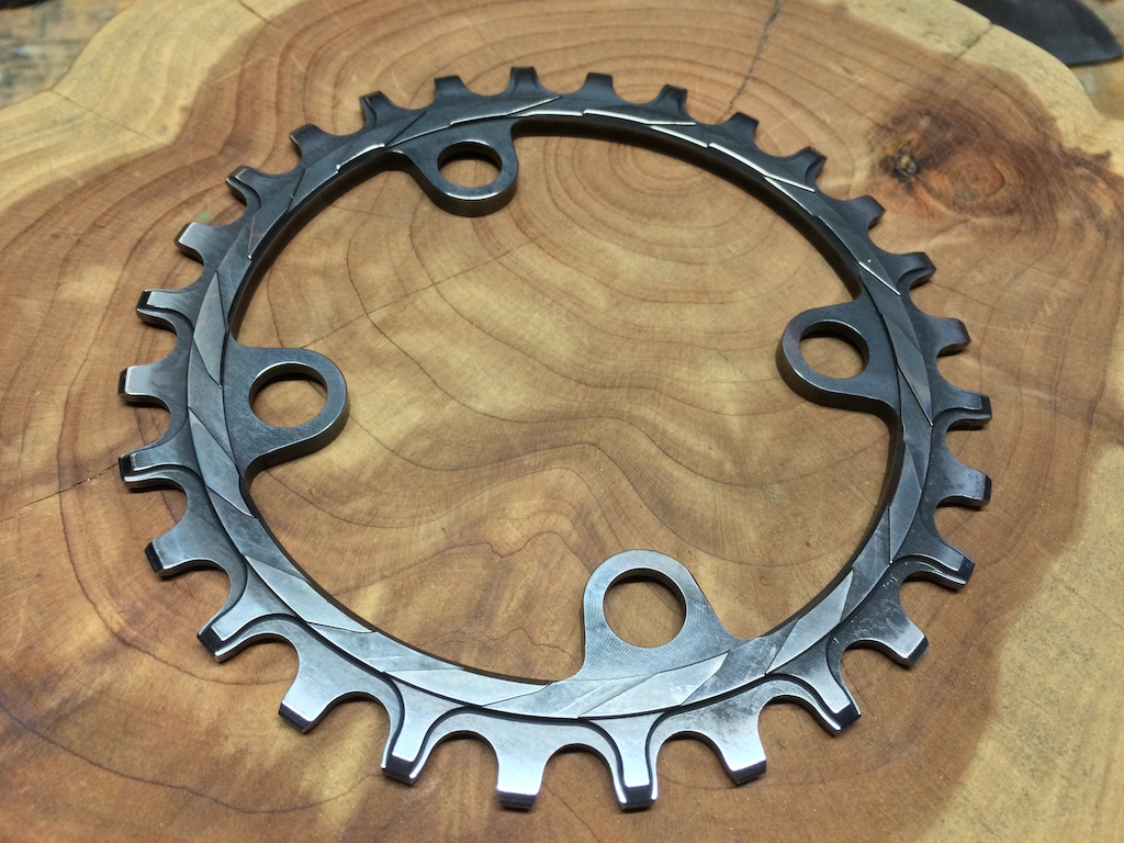 28t XX1 chainring. Made from D2 tool steel. Heat treated to Rockwell c52, then cryo-tempered at -300F deg for 22 hours to make it even more wear resistant.