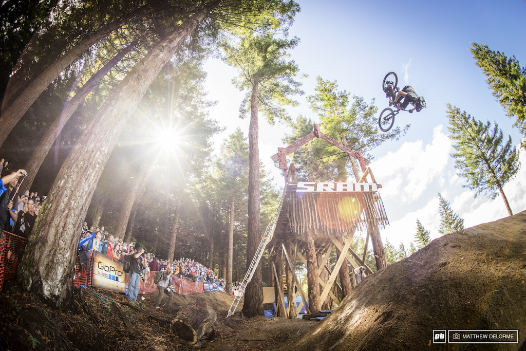 Brett Rheeder took his first win today. After battling a stomach flu he was the one who found the gold at this first Crankworx.