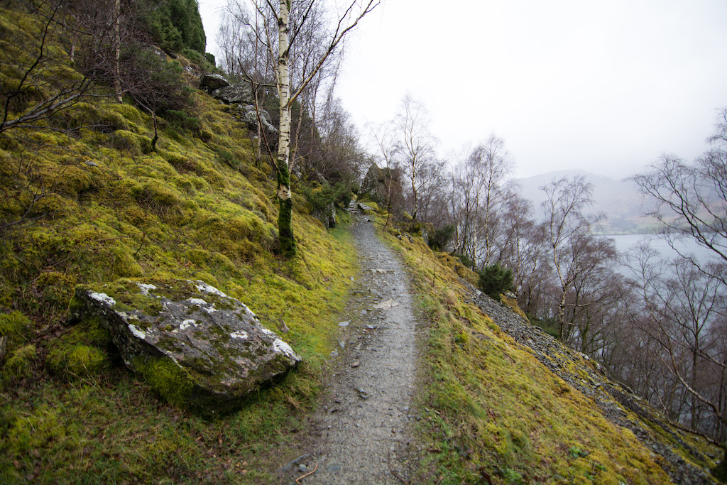 Traverse along the side of Ullswater Lake in the Lake District.