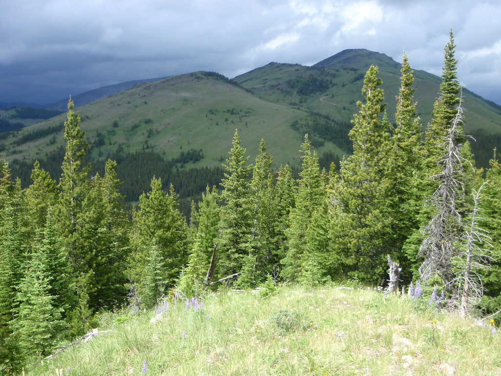 Viewed from the Nez Perce Ridge Trail, the road ends on the middle peak.