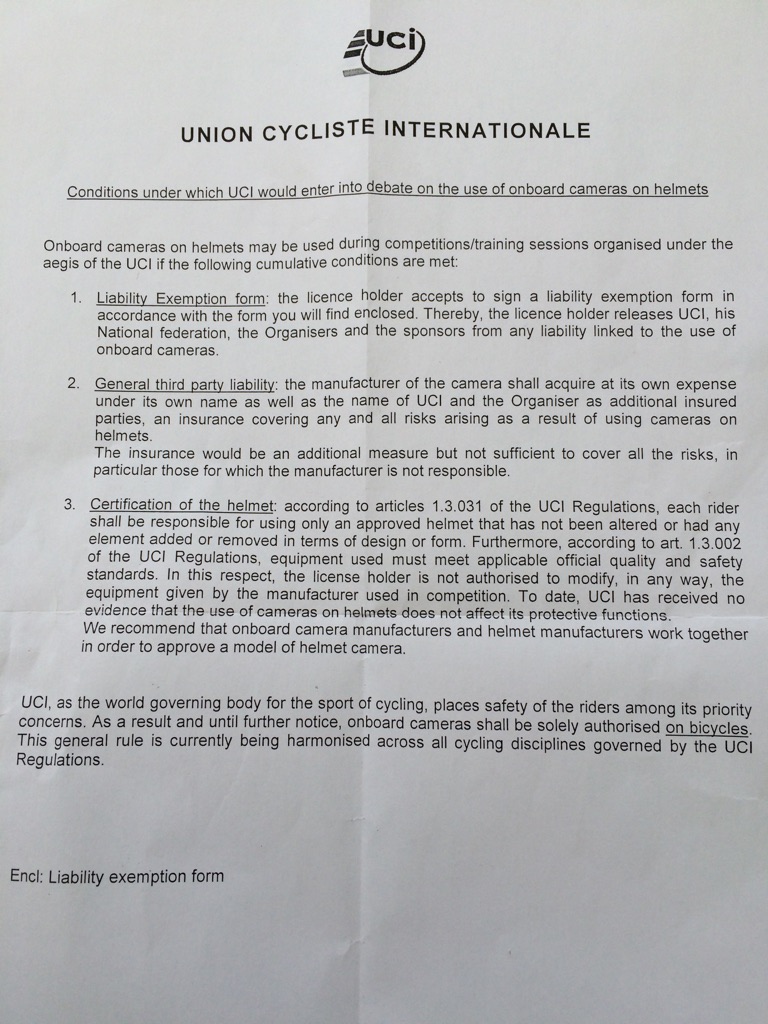 Conditions under which UCI would enter into debate on the use of onboard cameras on helmets