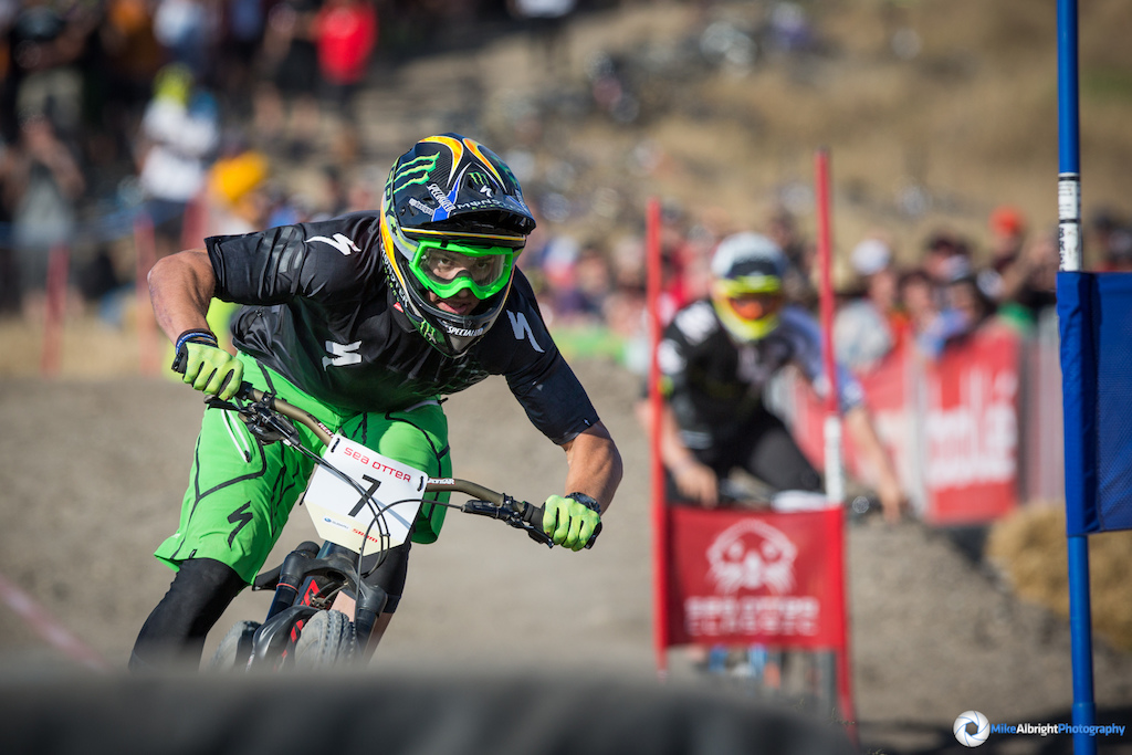 Mitch Ropelato going mach 5 past the last few gates of the 2015 Sea Otter dual slalom course.