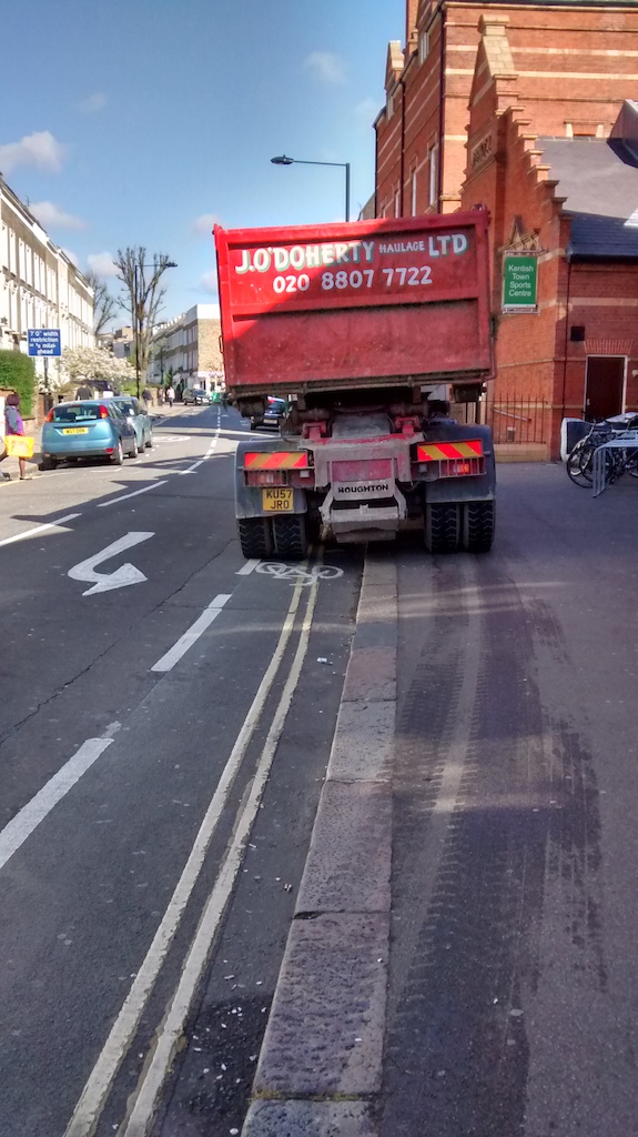 I am going to drive the wrong way up the road, and then pull onto the pavement, blocking the clearly marked cycle lane. And then leave my Lorry there....
