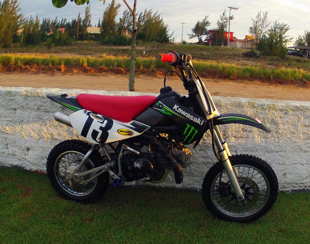 Pit bike Kawasaki KLX 110cc Monster with Race Tech grips, Anker red tall seat, Pro Taper XR 50 Bars, Uni Air filter, Cradle Mount, Two Brothers Racing Shift lever and Peg Mount, Acerbis Foot Peg and Chain Guard, higher Fork and Shock and ProTork exhaust