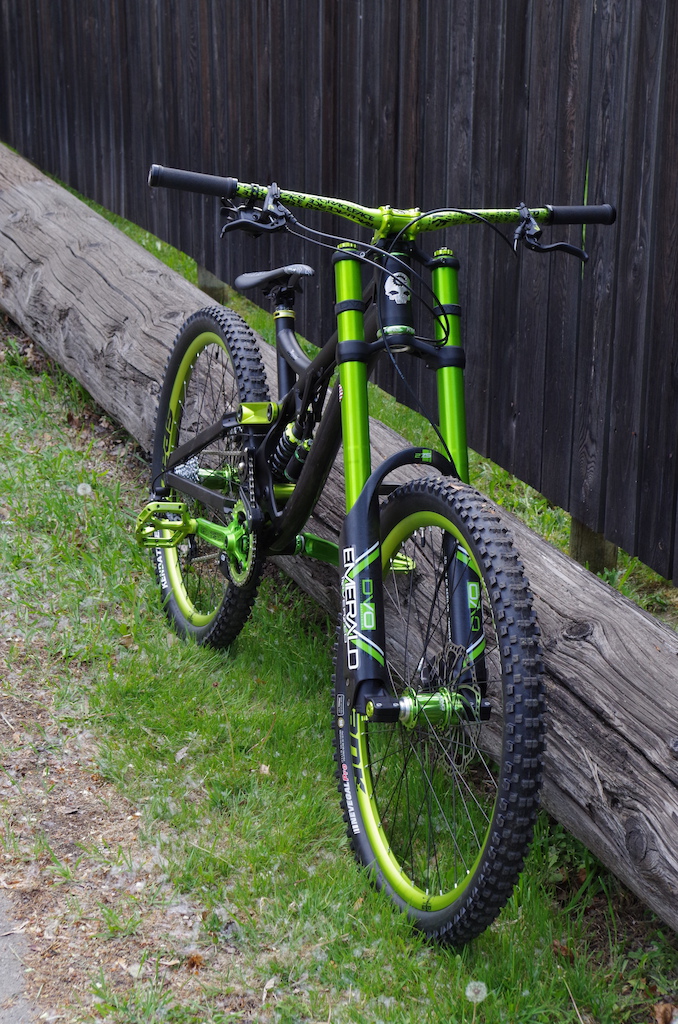 2015 canfield jedi, DVO emerald, DVO jade, Spank stem, Spank spike rac28 rims, Chris king hubs, BB, and headset. Raceface chainring, cranks, pedals, bars, seat and seatpost. Magura mt7 brakes, spank subrosa grips, sram xo1 dh derailleur, and kenda tires for now, switching to continentals when they come in.