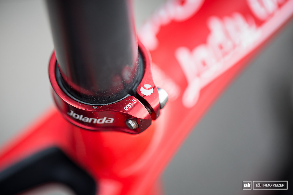 Jolanda Neff's bike is full of cool little details, such as this 'trademark' icon on the saddle clamp.