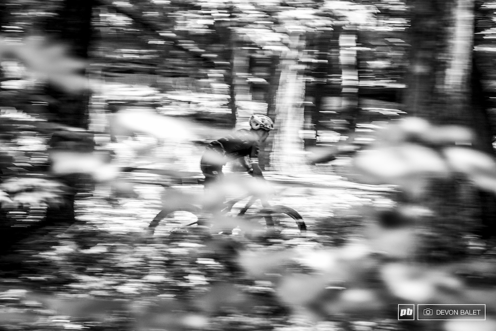 Tristan Uhl of the Competitive Cycling Team blurs through the second enduro segment of the day.