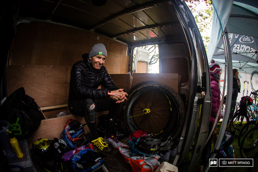 She may be an eighteen-time world champion and an Olympic gold medalist - but there are no luxury winnebagoes here for Anne-Caroline Chausson - just a quiet seat in the back of the Ibis team van to gather her thoughts before racing.