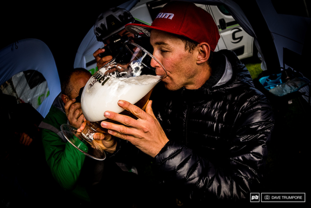 Canondale and SRAM threw Jerome Clementz a birthday party after the podium presentation, complete with an extra large goblet of Duvel and personalized cake.