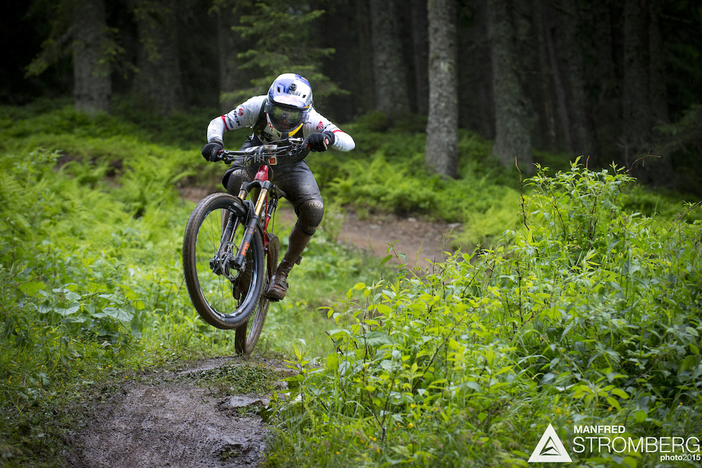 Réne Wildhaber of Switzerland races down stage 1 during the 1st UEC MTB Enduro European Championships in Kirchberg, Tyrol, Austria, on June 21, 2015. Free image for editorial usage only: Photo by Manfred Stromberg.