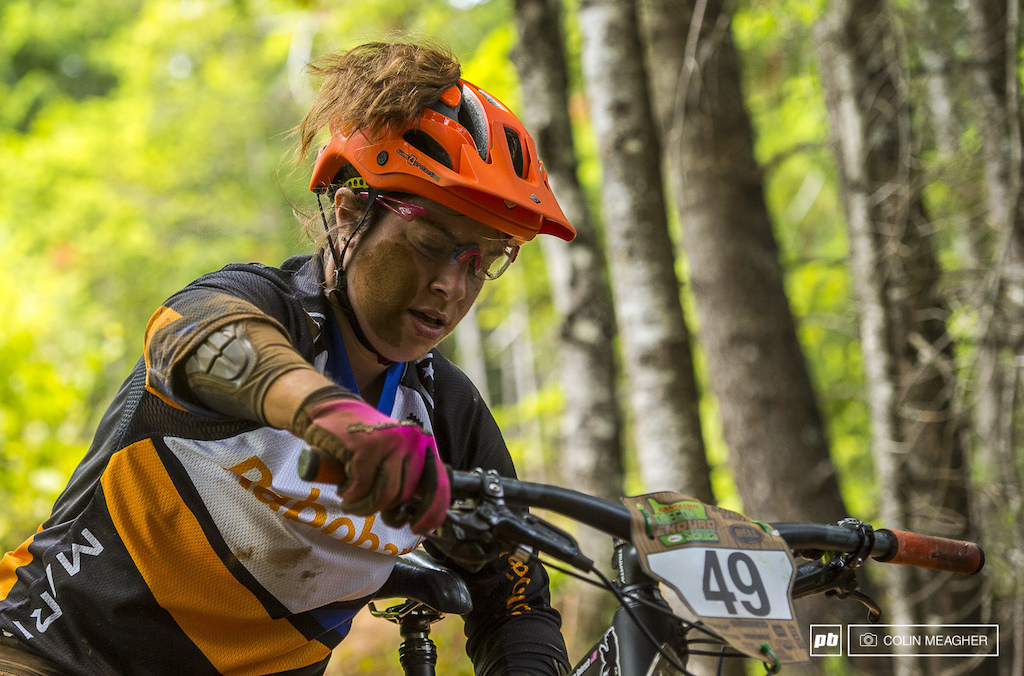 Get a bit loose on stage five clip a tree and kiss the dirt. Breanne Spiersch taking precious seconds to get sorted before getting back on the bike. It s a good call to take that extra second to make certain everything s ok after getting tossed hard on a steep loose section of track like that.