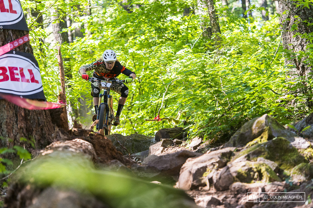 Cody Kelly entering "the" rock garden in Post Canyon, aka "Hidden". It's remarkably cleaned up this year compared to years past, but it's still formidable. In essence, it's a twenty-five second pinball rally through a rock infested bit of nastiness. Hidden was featured on both days, and while it may only be some twenty-five seconds long, the consequences of going off-line here were very real, and had the potential to alter the podium. More than one racer either cracked a wheel, bent a derailleur, or flatted in this section.