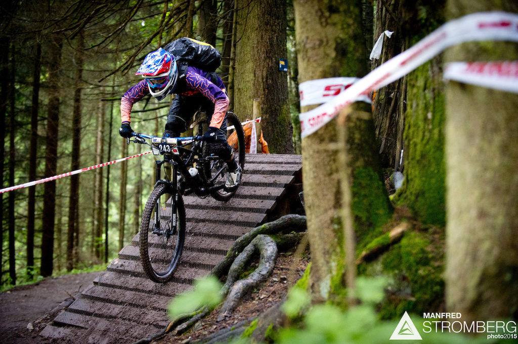 Daniela Michel of Switzerland races down stage 1 during the 1st UEC MTB Enduro European Championships in Kirchberg, Tyrol, Austria, on June 21, 2015.Â Free image for editorial usage only: Photo by Manfred Stromberg