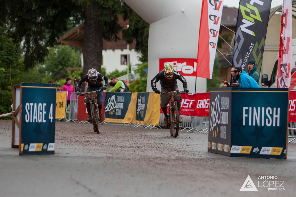 Jerome Clementz finish line raceday at the 1st UEC MTB Enduro European Championships in Kirchberg, Tyrol, Austria, on June 21, 2015. Free image for editorial usage only: Photo by Antonio López Ordóñez