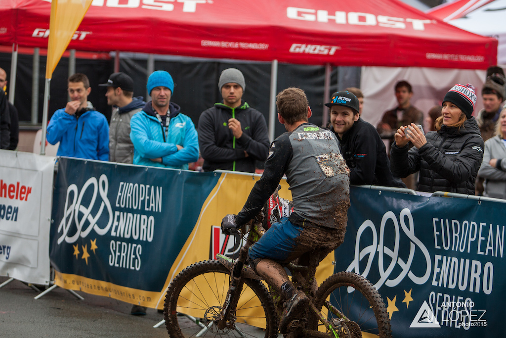 Jerome Clementz finish line raceday at the 1st UEC MTB Enduro European Championships in Kirchberg, Tyrol, Austria, on June 21, 2015. Free image for editorial usage only: Photo by Antonio López Ordóñez