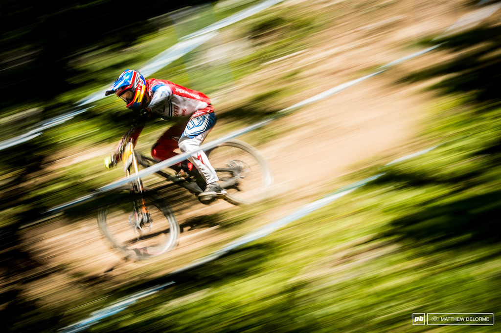 Aaron Gwin took plenty of runs today to get acquainted with the track. This track is fast and rough, but can the mighty Gwin can another win here for the U.S.A. on July 4th?