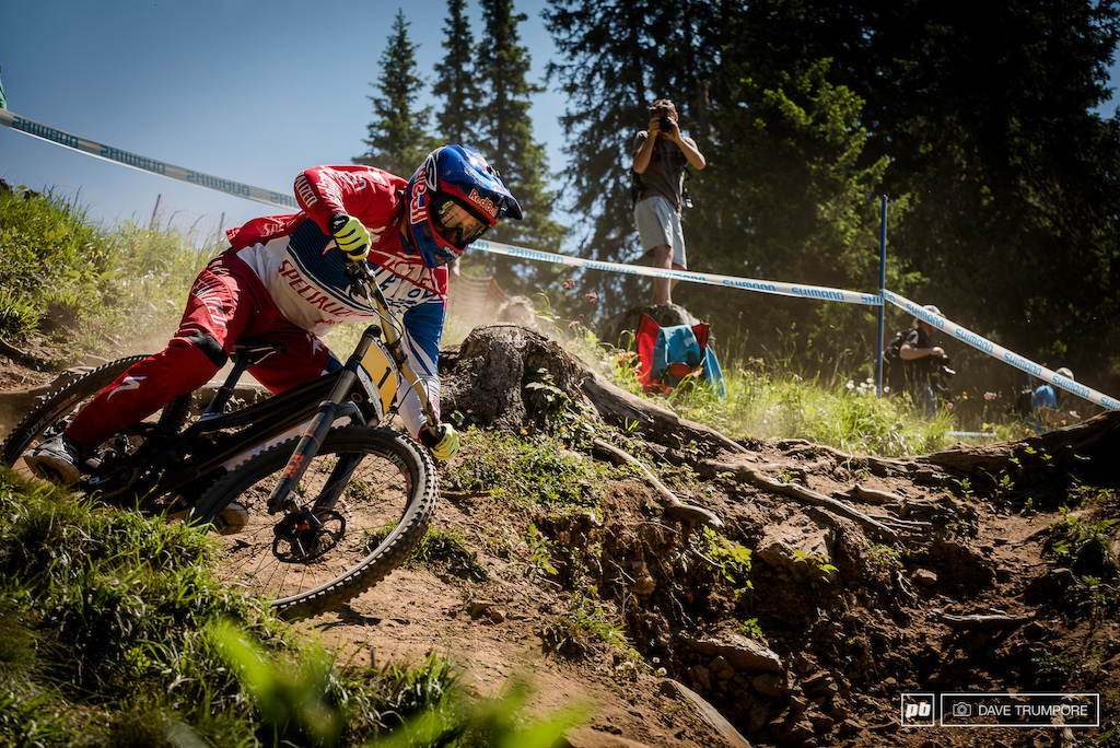 Aaron Gwin isn't afraid to swing wide into the berms to keep things smooth.  Carrying speed is the name of the game here in Lenzerheide and after timed training it seems Gwin is doing it the best.
