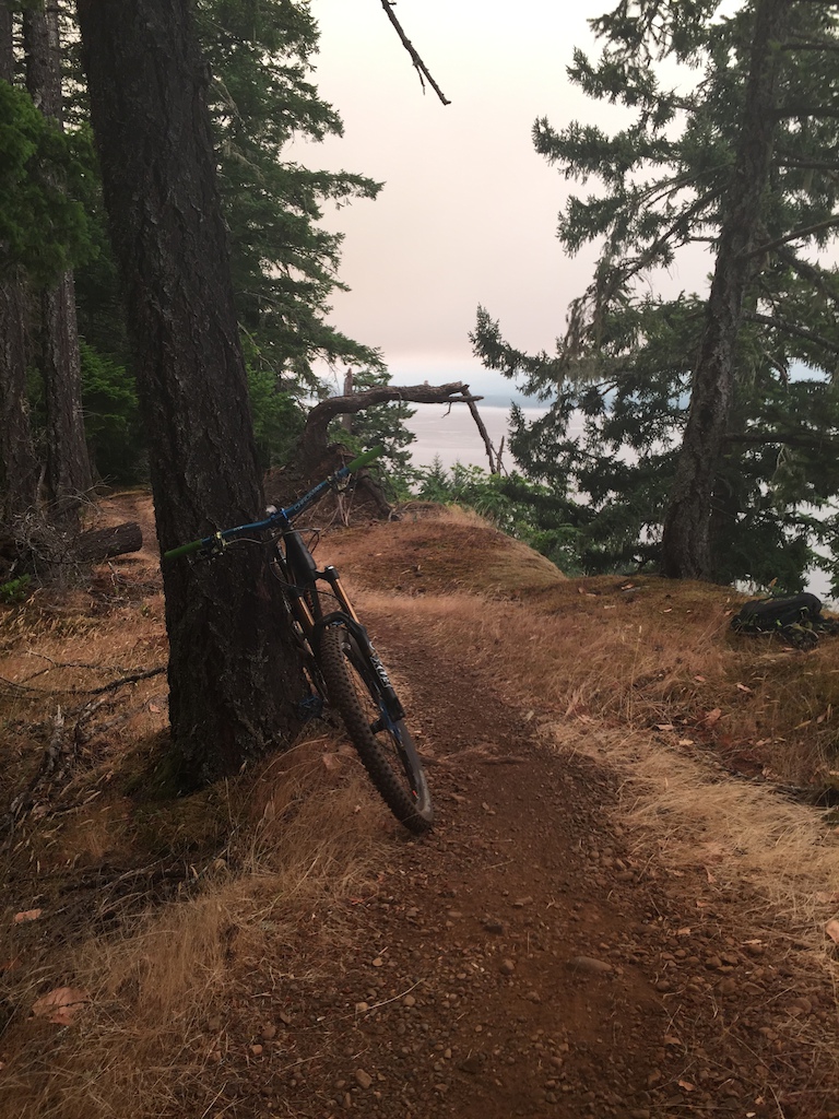 Erie light, smoke from forest fires in the air. Hornby Island singletrack  is fantastic!